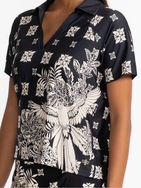 Bee Active Boxy Polo Tee Johnny Was Black and Cream Parrot Floral